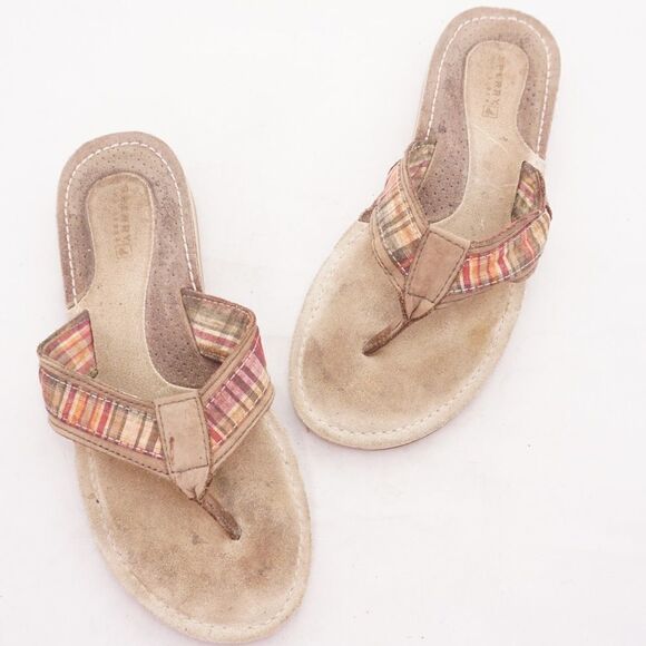 SPERRY TopSider Plaid Leather Thong Sandals, 7 - Picture 1 of 10